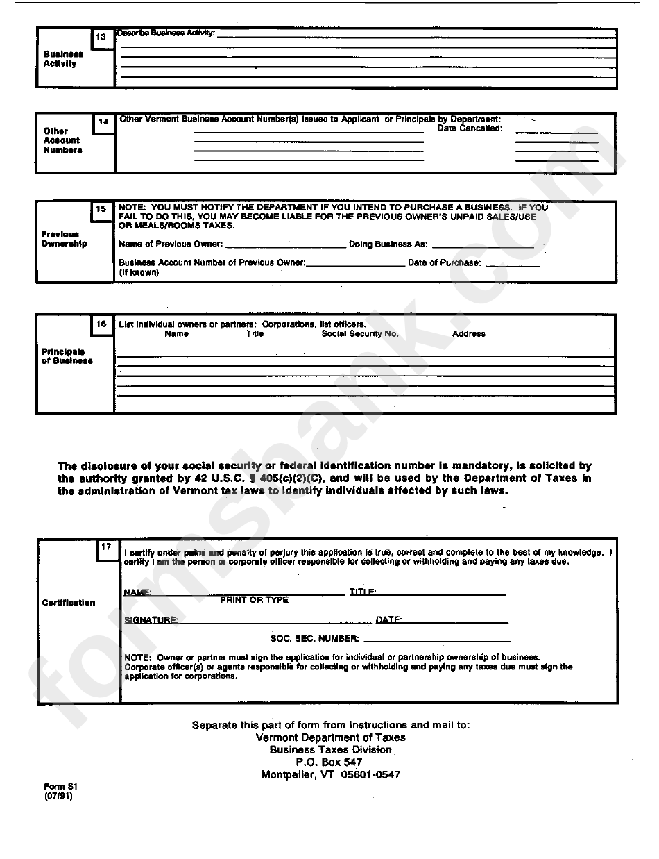 Form S1 - Registration And Vermont Business Account Number Application - 1991