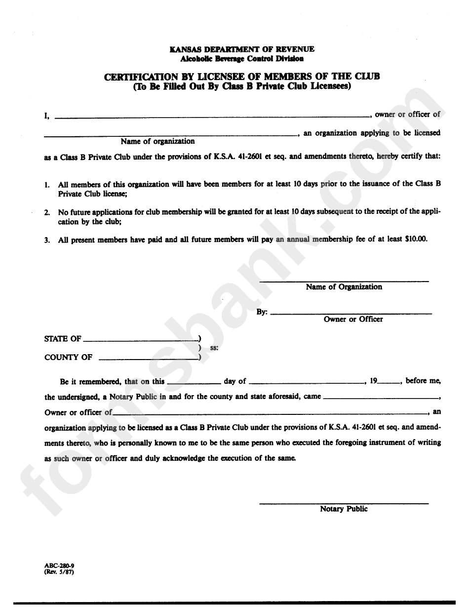 Form Abc-280-9 - Certification By Licensee Of Members Of The Club