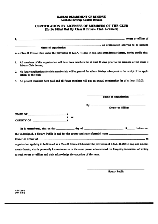 Form Abc-280-9 - Certification By Licensee Of Members Of The Club Printable pdf