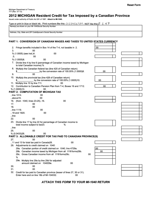 Fillable Form 777 - Michigan Resident Credit For Tax Imposed By A Canadian Province - 2012 Printable pdf