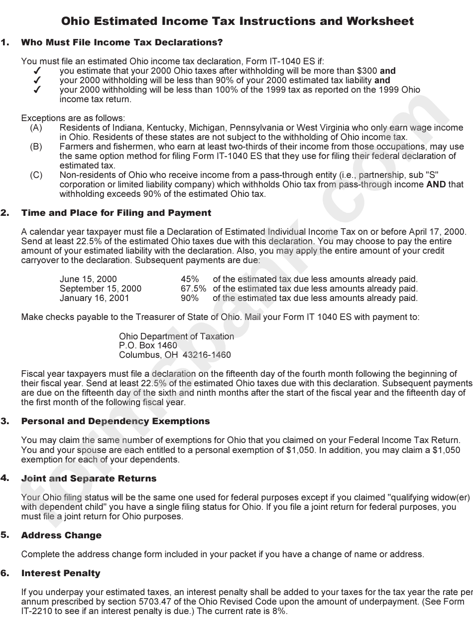 Ohio Estimated Income Tax Instructions And Worksheet - Department Of Taxation - 2000