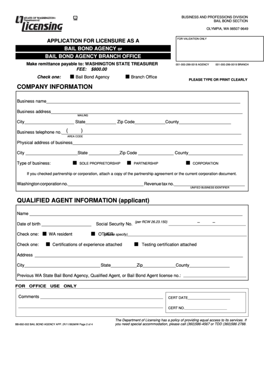 Form Bb-692-002 - Application For Licensure As A Bail Bond Agency Or Bail Bond Agency Branch Office 1999 Printable pdf