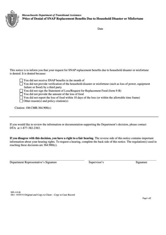 Form Nfl-9-9- B - Notice Of Denial Of Snap Replacement Benefits Due To Household Disaster Or Misfortune 2014