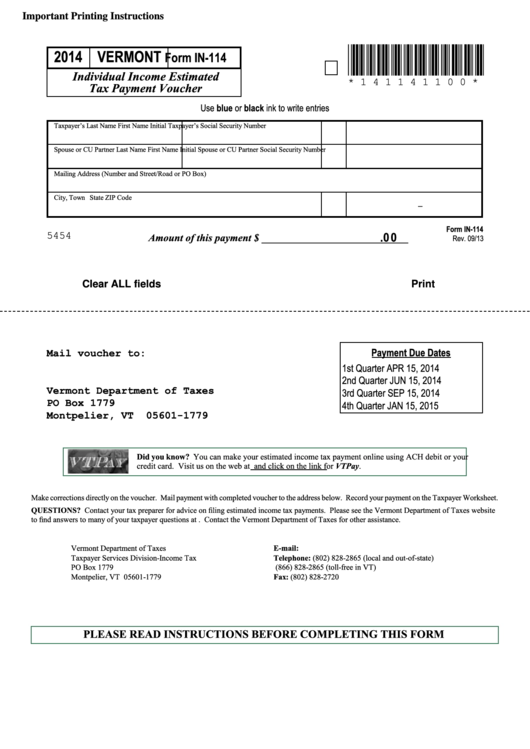 Fillable Form In-114 - Individual Income Estimated Tax Payment Voucher - 2014 Printable pdf