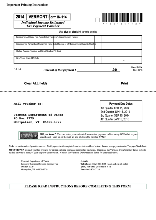 Fillable Form In 114 Individual Income Estimated Tax Payment Voucher 2014 Printable Pdf Download