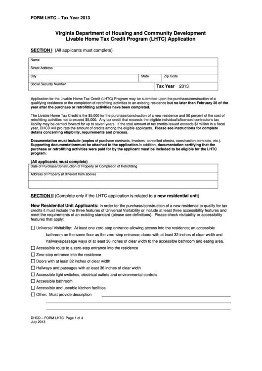 Form Lhtc - Livable Home Tax Credit Program (Lhtc) Application - 2013 Printable pdf
