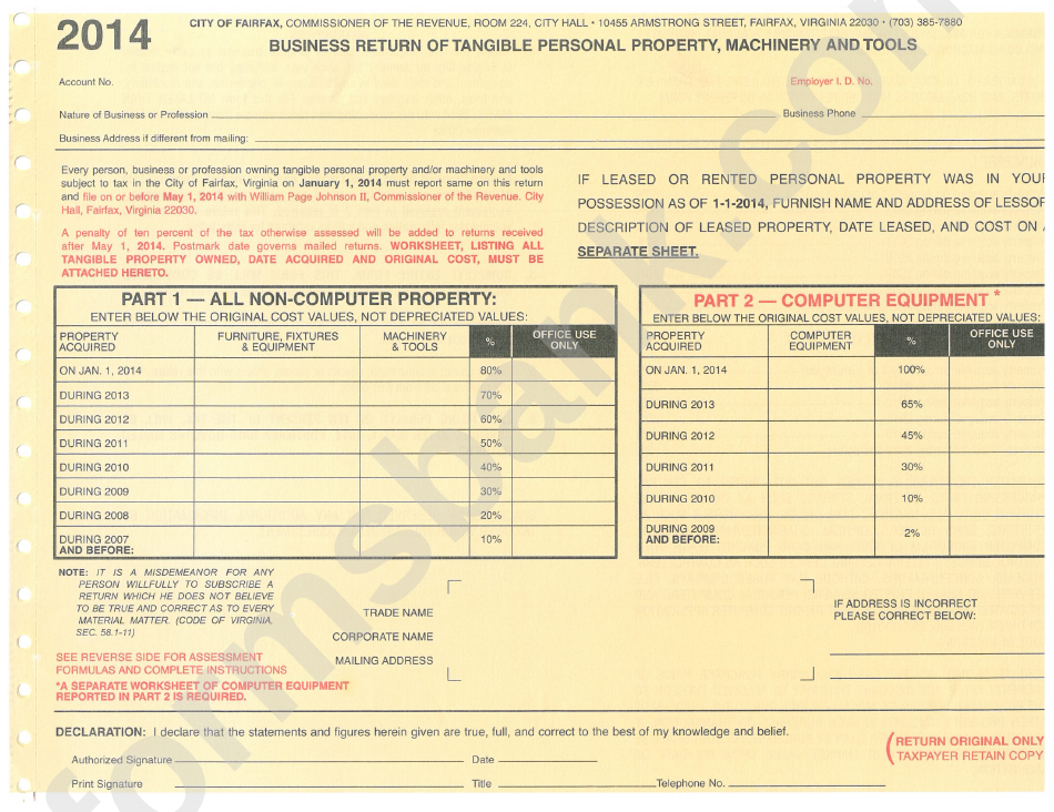 Business Return Of Tangible Personal Property, Machinery And Tools - City Of Fairfax - 2014