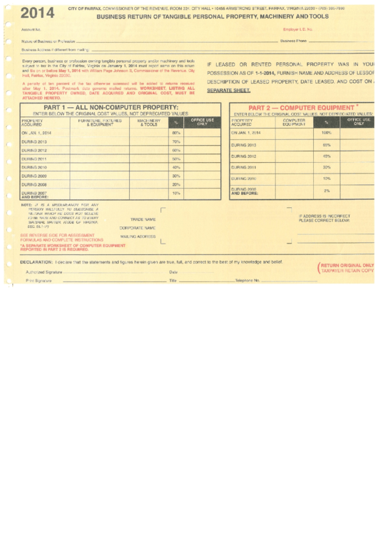 Business Return Of Tangible Personal Property, Machinery And Tools - City Of Fairfax - 2014 Printable pdf