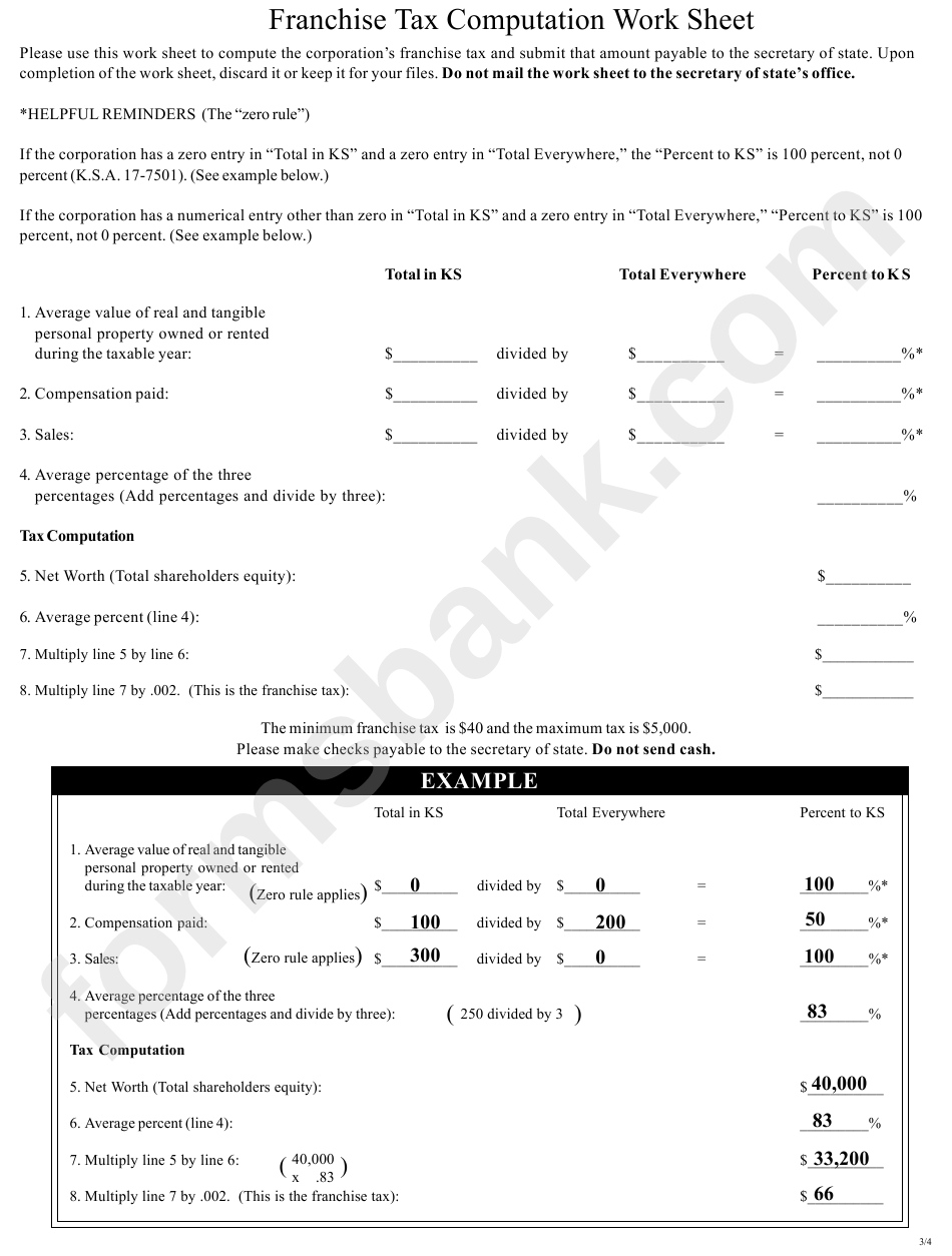 Franchise Tax Computation Work Sheet - Kansas 2002