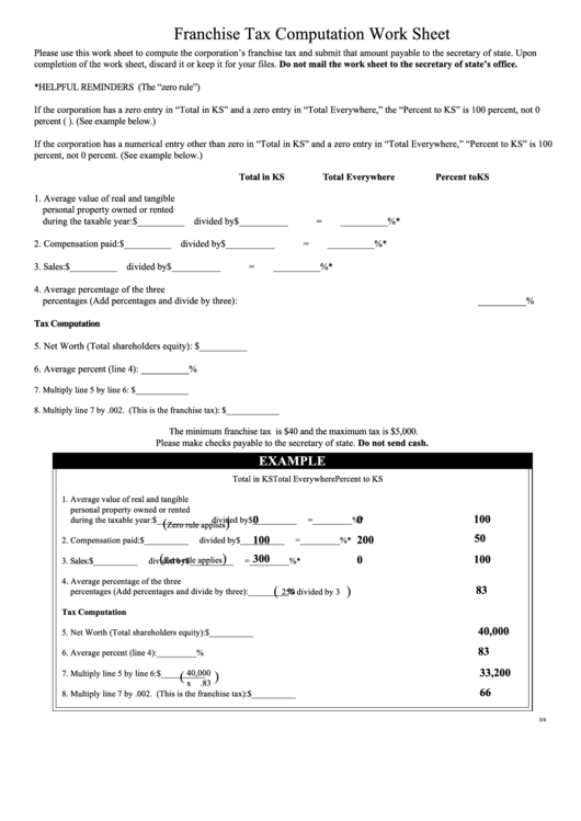 Franchise Tax Computation Work Sheet - Kansas 2002 Printable pdf