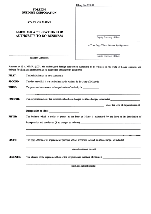 Form Mbca-12a - Amended Application For Authority To Do Business - State Of Maine Printable pdf