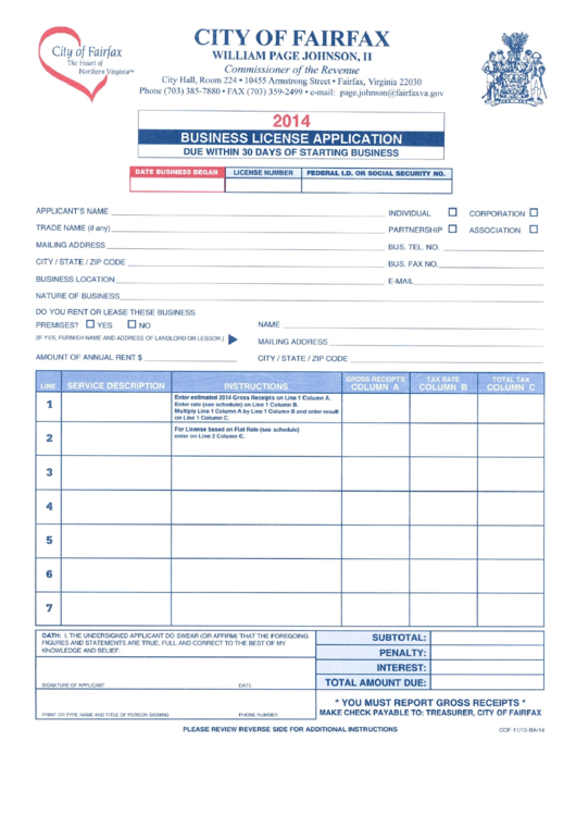 Business License Application - City Of Fairfax Printable pdf