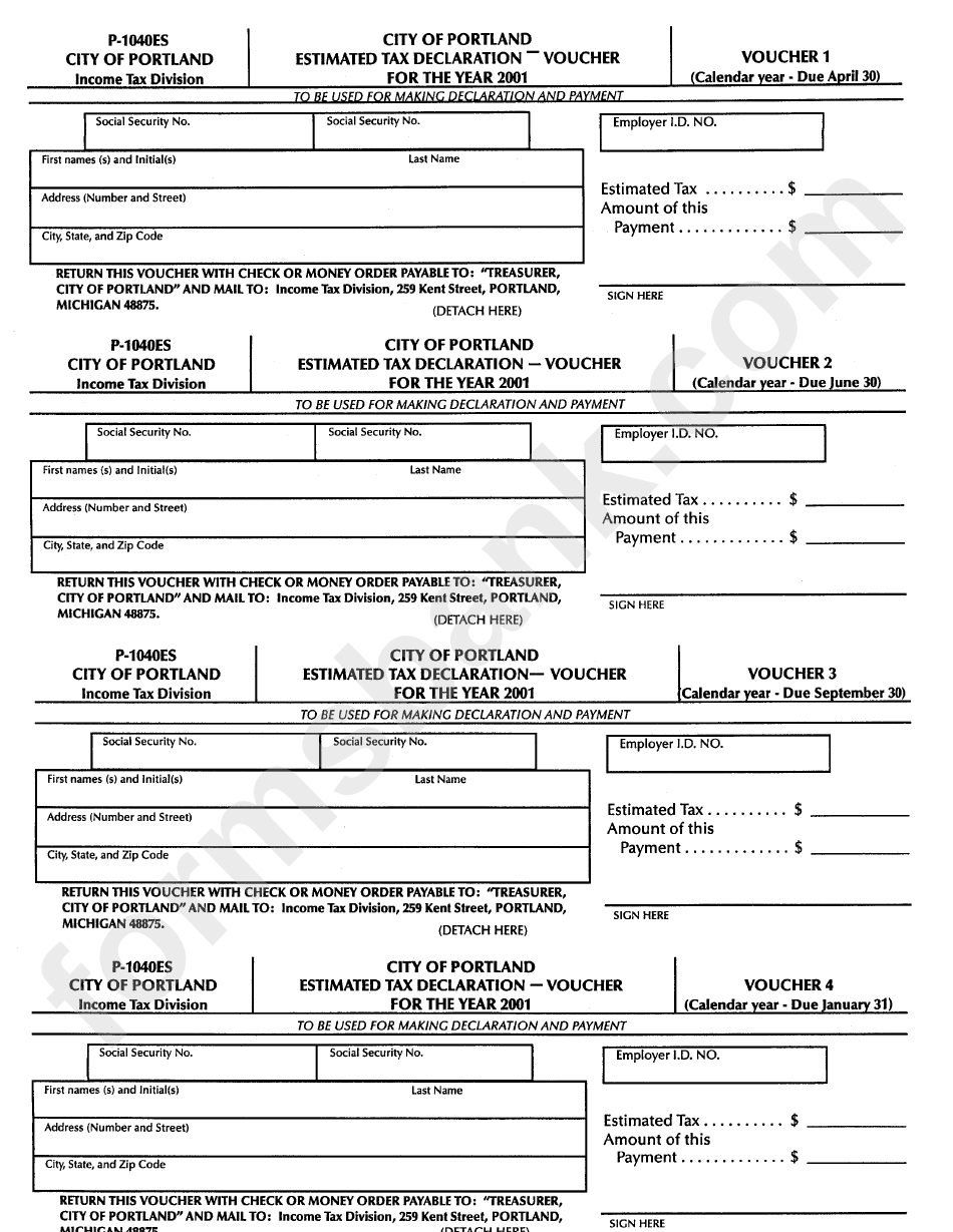 Form P-1040es - Estimated Tax Declaration Voucher - City Of Portland - 2001
