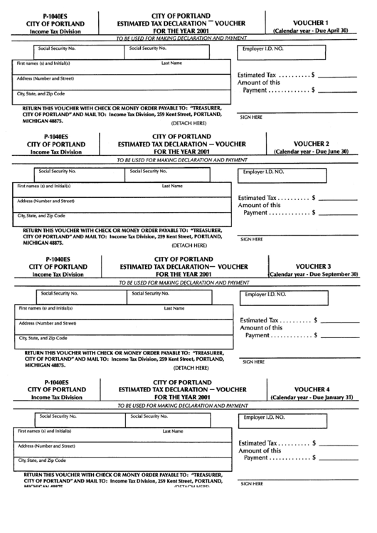 Form P-1040es - Estimated Tax Declaration Voucher - City Of Portland - 2001 Printable pdf