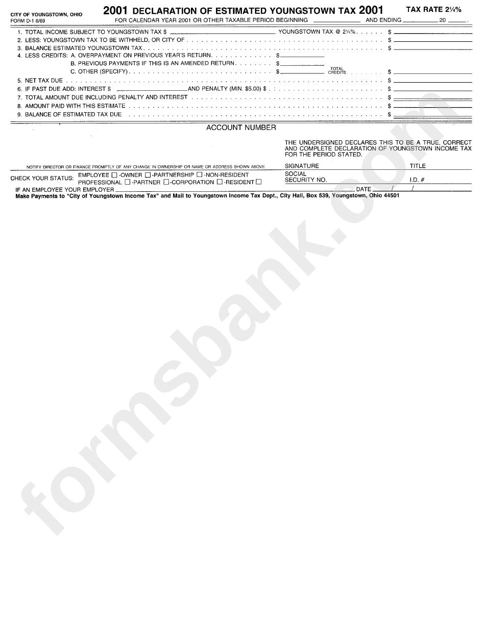 Form D-1 - Declaration Of Estimated Youngstown Tax - 2001