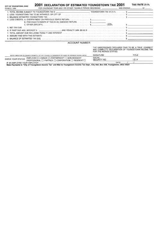 Form D-1 - Declaration Of Estimated Youngstown Tax - 2001 Printable pdf