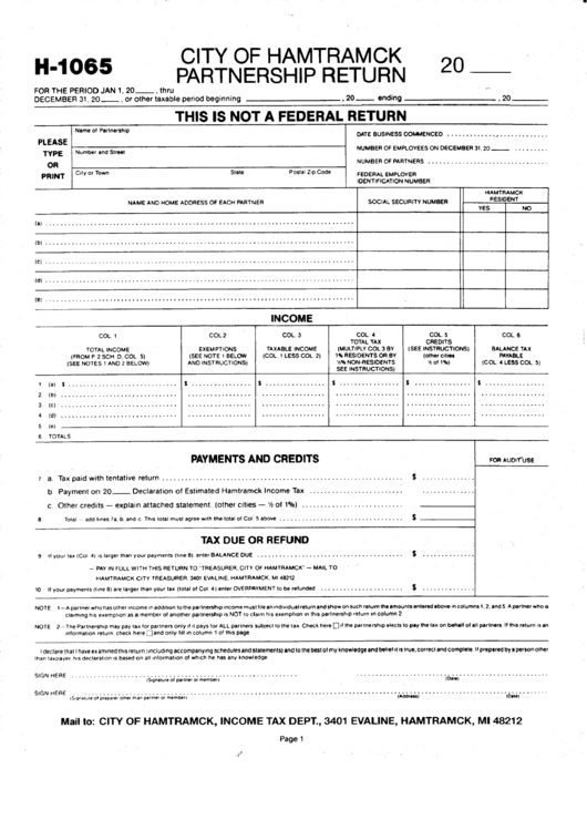 Form H1065 Partnership Return City Of Hamtramck printable pdf download