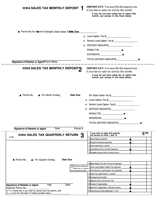 Form 31-089 - Iowa Sales Tax Quarterly Return Printable pdf