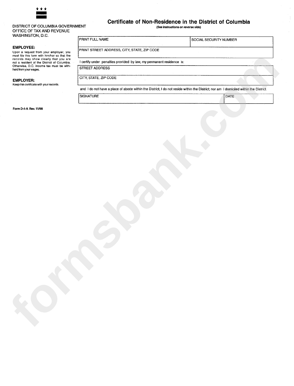 Form D-4-A - Certificate Of Non-Residence In The District Of Columbia
