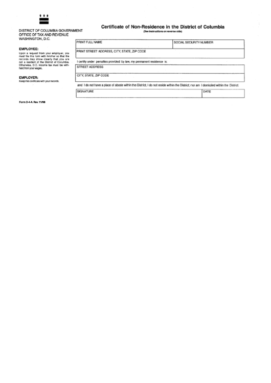 Fillable Form D-4-A - Certificate Of Non-Residence In The District Of Columbia Printable pdf