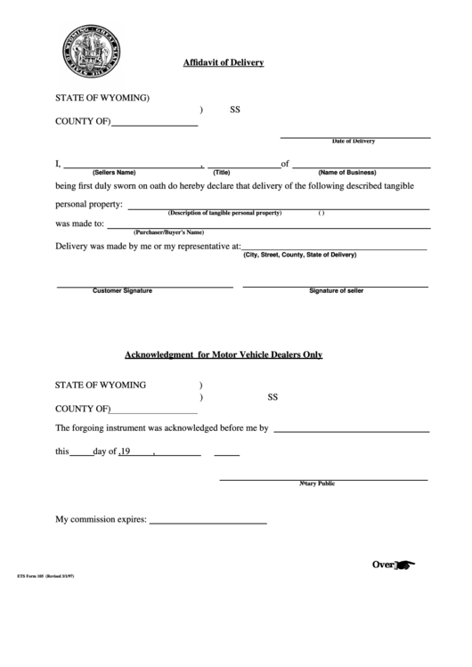 Fillable Form 105 - Affidavit Of Delivery 1997 Printable pdf
