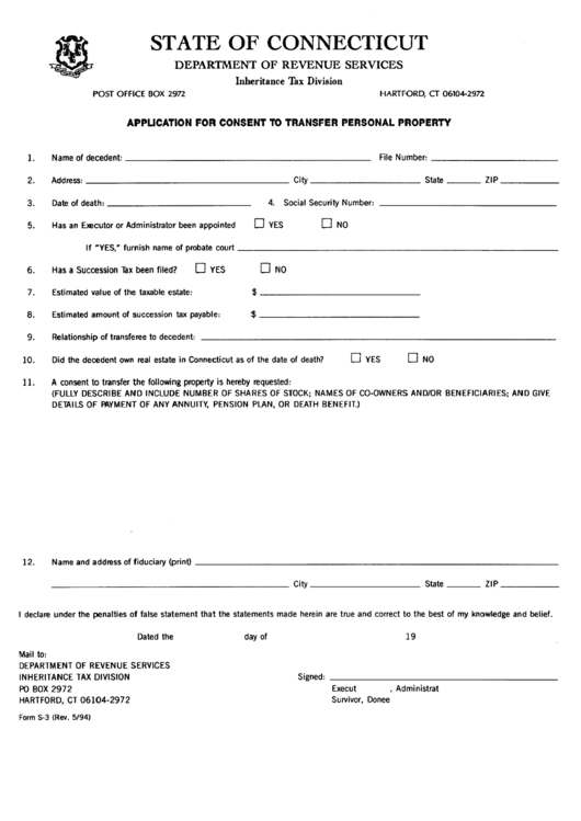 Form S-3 - Application For Consent To Transfer Personal Property - Connecticut Department Of Revenue Services Printable pdf