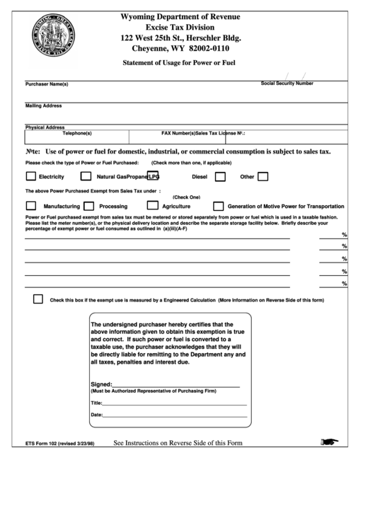 Fillable Form 102 - Statement Of Usage For Power Or Fuel - Wyoming Department Of Revenue 1998 Printable pdf