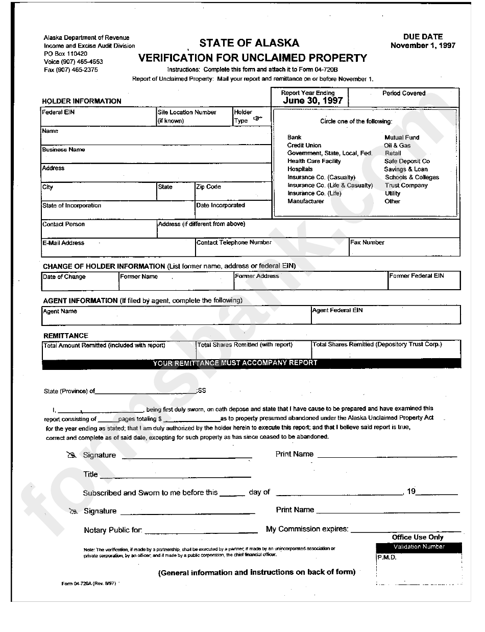 Form 04-720a - Verification For Unclaimed Property - Alaska Department Of Revenue