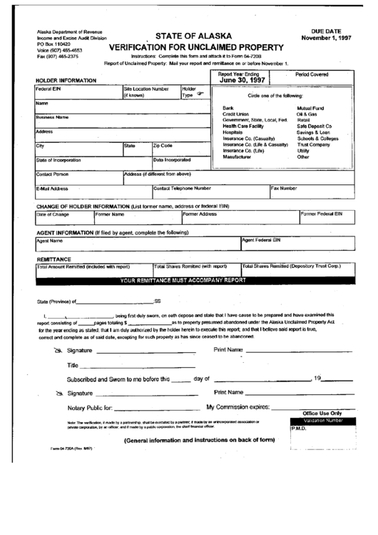 Form 04-720a - Verification For Unclaimed Property - Alaska Department Of Revenue Printable pdf