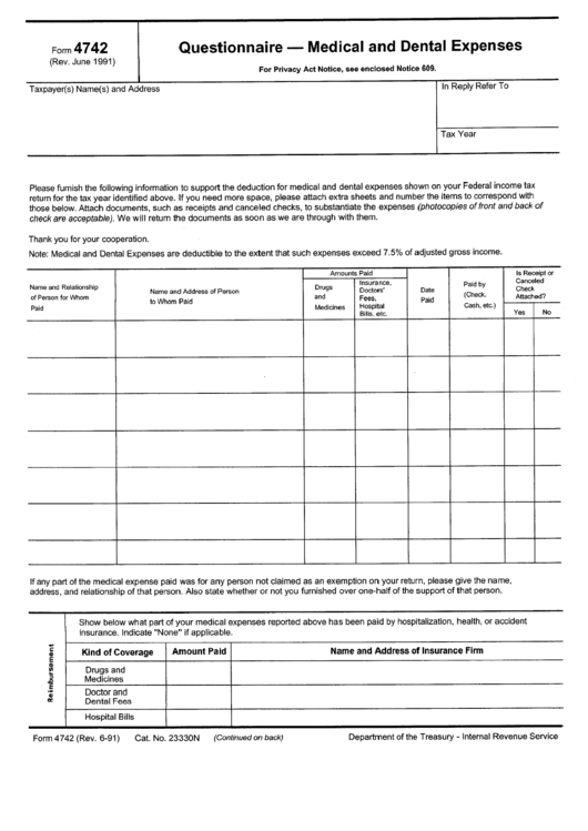 Form 4742 - Questionnaire - Medical And Dental Expenses Printable pdf