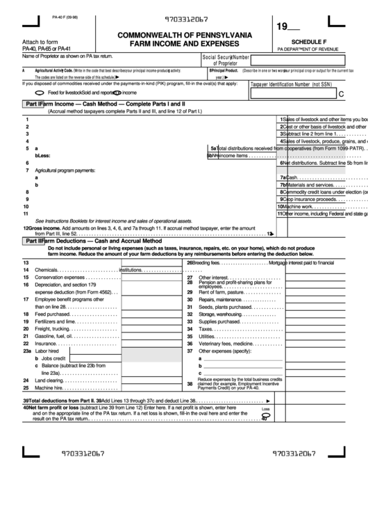 Form Pa-40 F - Schedule F - Farm Income And Expenses Printable pdf