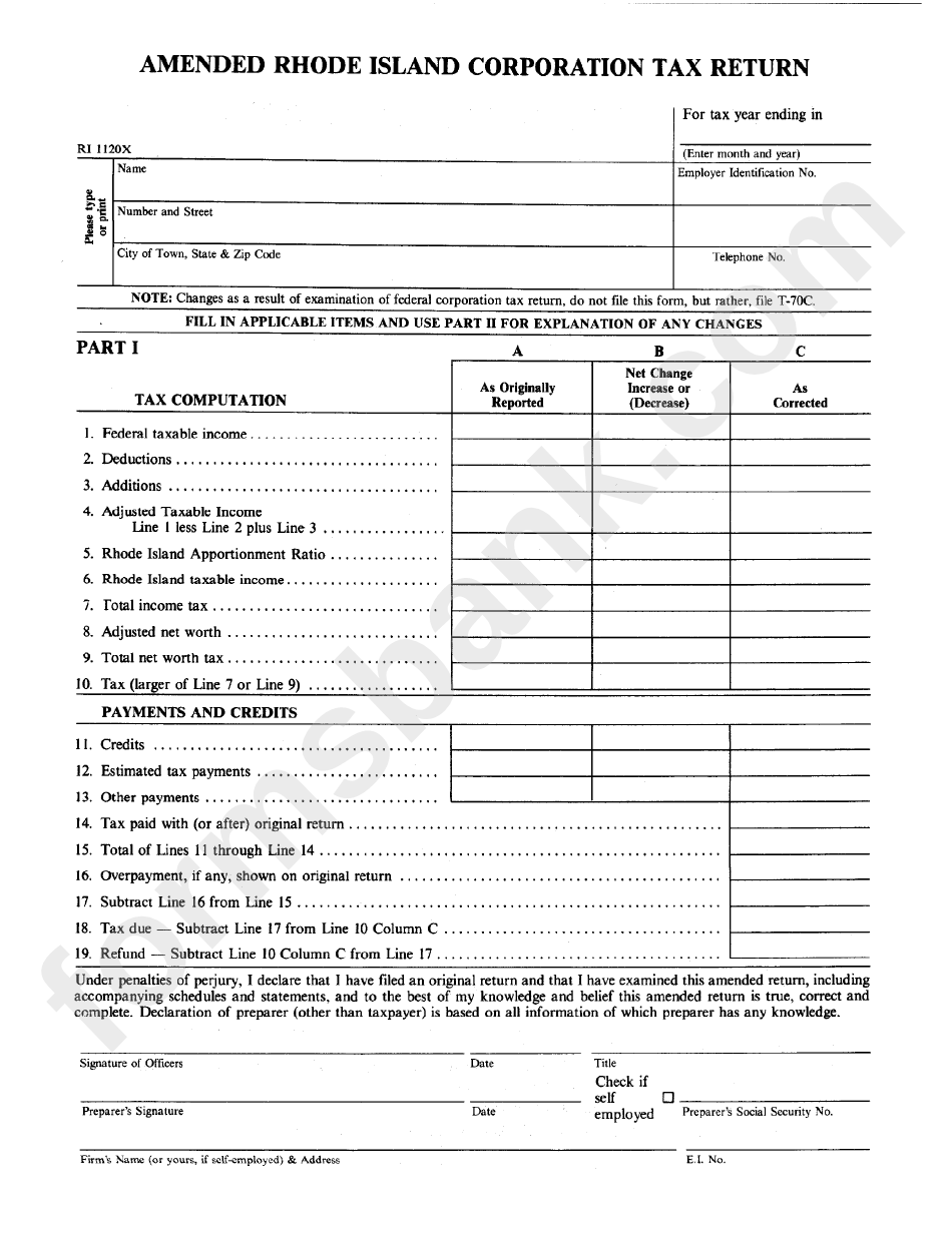 Form Ri 1120x- Amended Rhode Island Corporation Tax Return