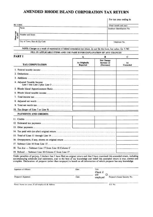 Fillable Form Ri 1120x- Amended Rhode Island Corporation Tax Return Printable pdf