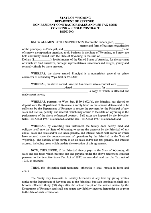 Fillable Non Resident Contractorsales And Use Tax Bond Covering A 