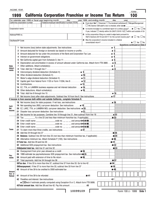 Fillable Form 100 - California Corporation Franchise Or Income Tax Return - 1999 Printable pdf