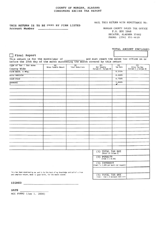 Mcc Form 2 - Consumers Excise Tax Report - County Of Morgan, Alabama Printable pdf
