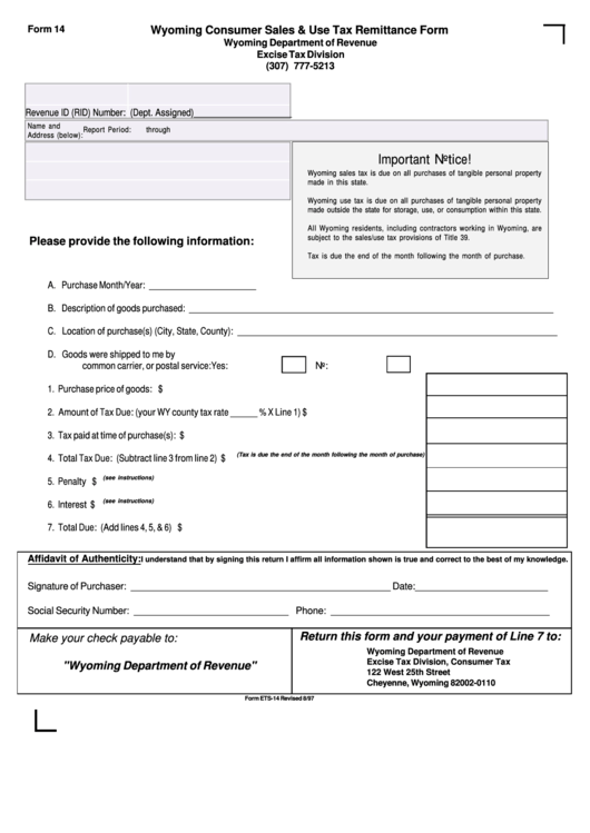 Fillable Form 14 - Wyoming Consumer Sales & Use Tax Remittance Form Printable pdf