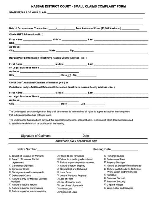 Fillable Small Claims Complaint Form - Printable pdf