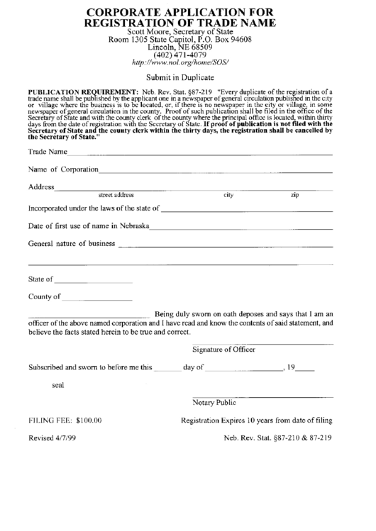 Corporate Application For Registration Of Trade Name - Nebraska Secretary Of State Printable pdf