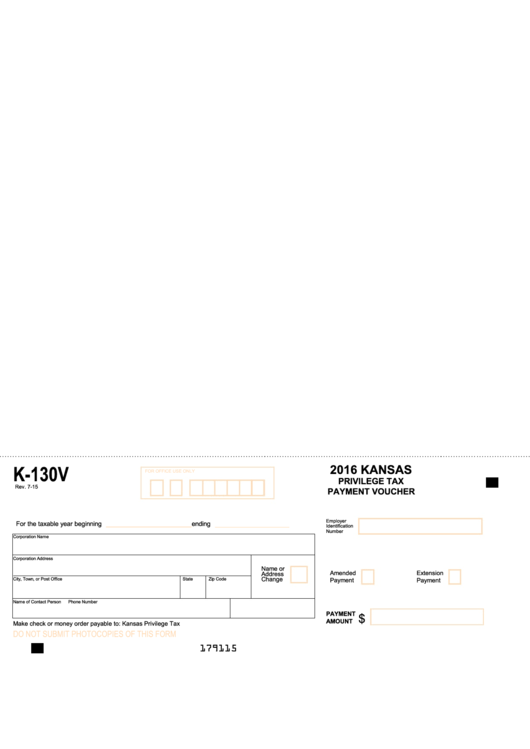 Fillable Form K-130v - Privilege Tax Payment Voucher - 2016 Printable pdf