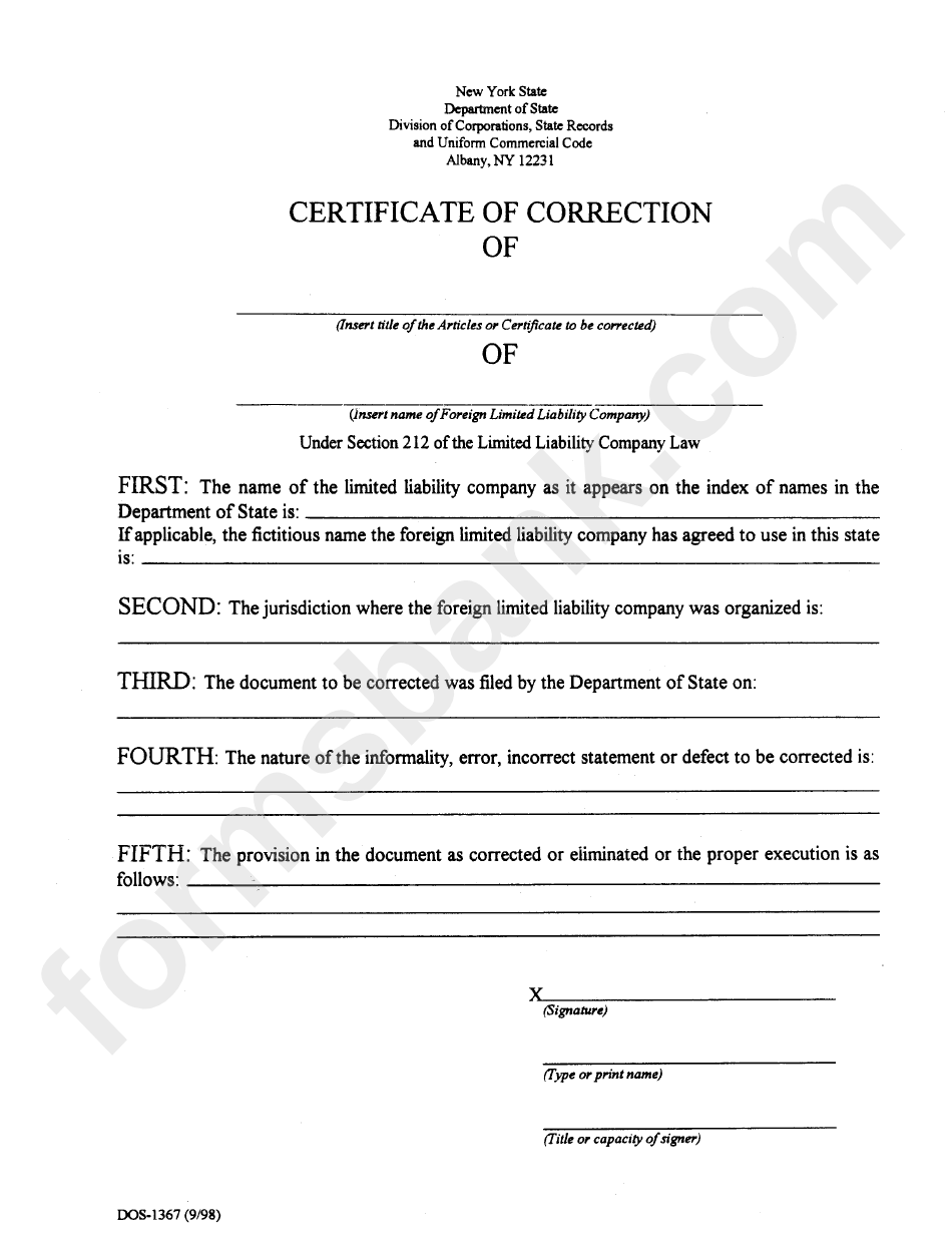 Form Dos-1367 - Certificate Of Correction