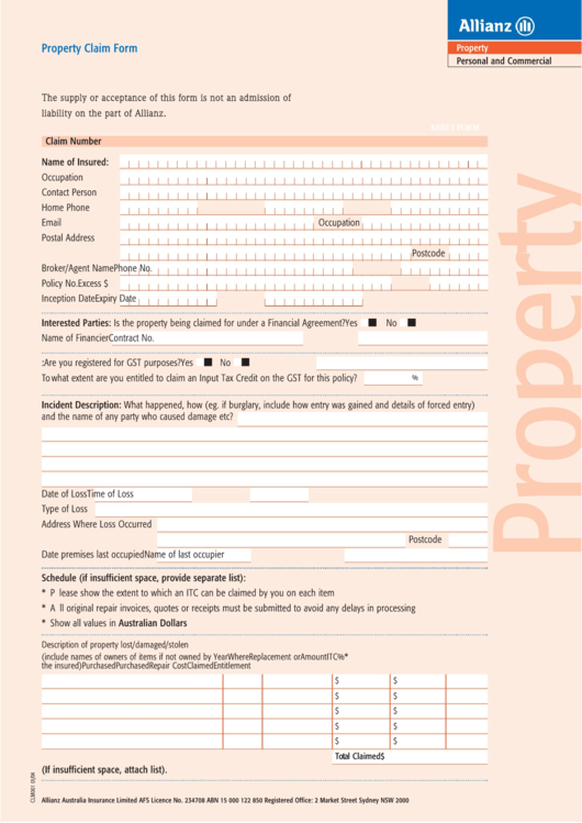 Fillable Property Claim Form Printable pdf