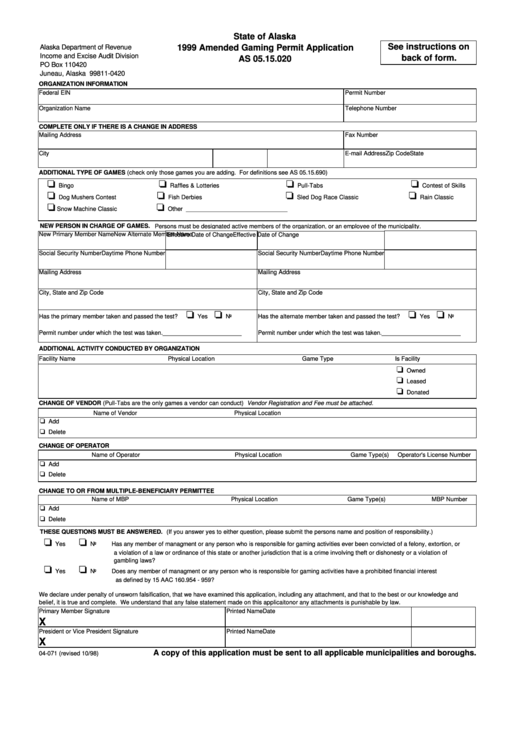 Fillable Form 04-071 - Amended Gaming Permit Application - Alaska Department Of Revenue - 1999 Printable pdf