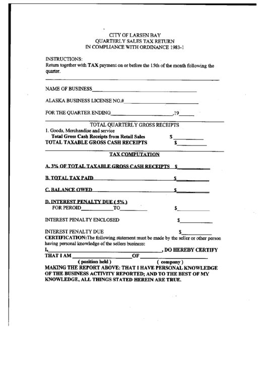 City Of Larsen Bay Quarterly Sales Tax Return In Compliance With Ordinance 1983-1 Printable pdf