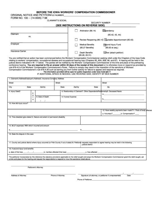 Form 100 - Before The Iowa Industrial Commissioner printable pdf download