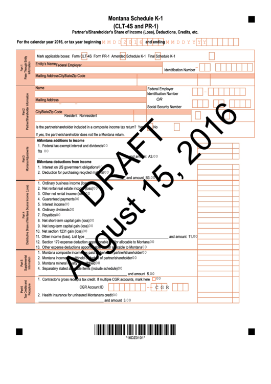 Form Clt-4s And Pr-1 Draft - Montana Schedule K-1 - Partner