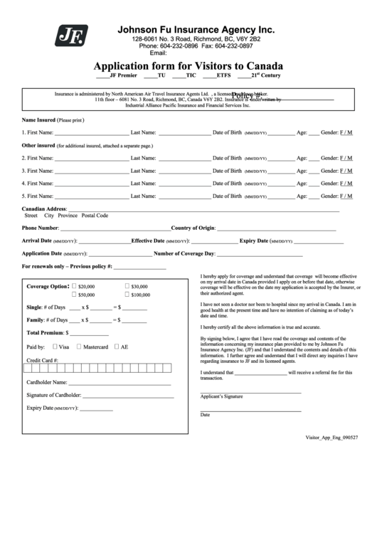 Application Form For Visitors To Canada Printable pdf