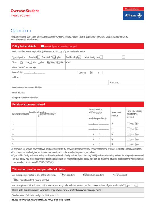 Overseas Student Health Cover - Claim Form Printable pdf