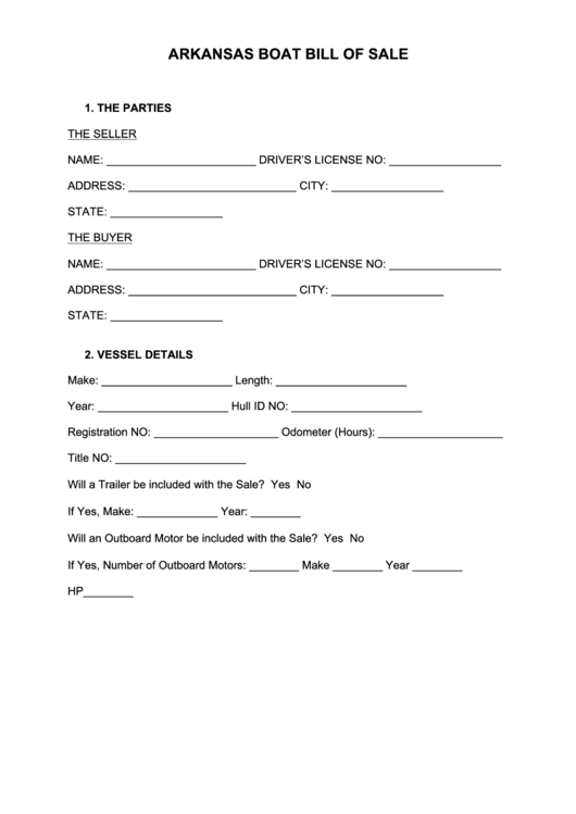 Fillable Arkansas Boat Bill Of Sale Form Printable pdf