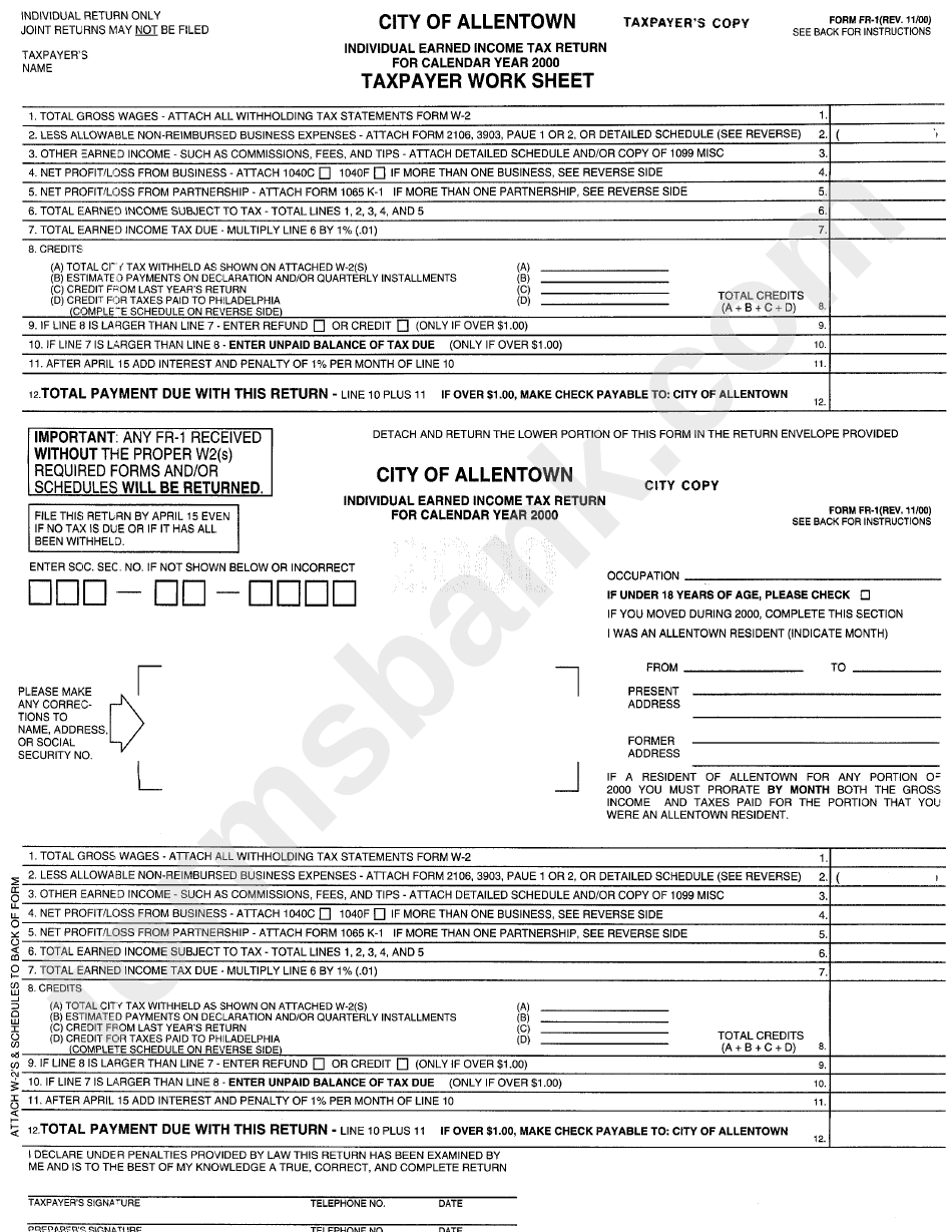 Form Fr-1 - Taxpayer Work Sheet - Individual Earned Income Tax Return - 2000